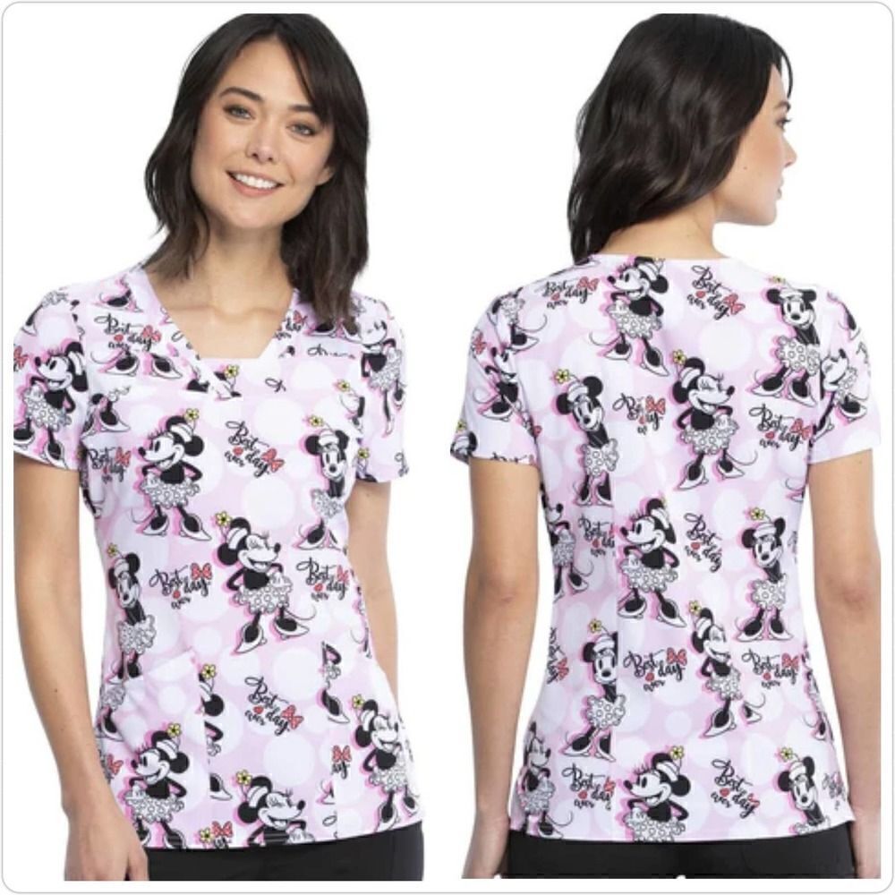 Disney Minnie Polka Dot Day Print Scrub Top sz M